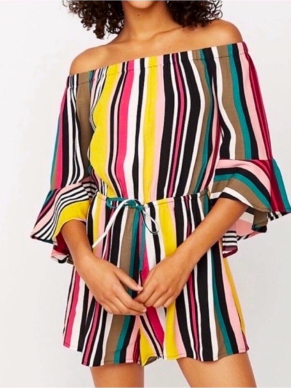Express Y2K Multicolor Striped Off Shoulder Romper‎ Tropical Size M